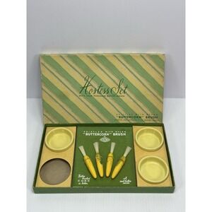 VINTAGE KITCHEN HOSTESS SET 3 PORCELAIN BUTTER DISHES & BUTTERCORN BRUSH